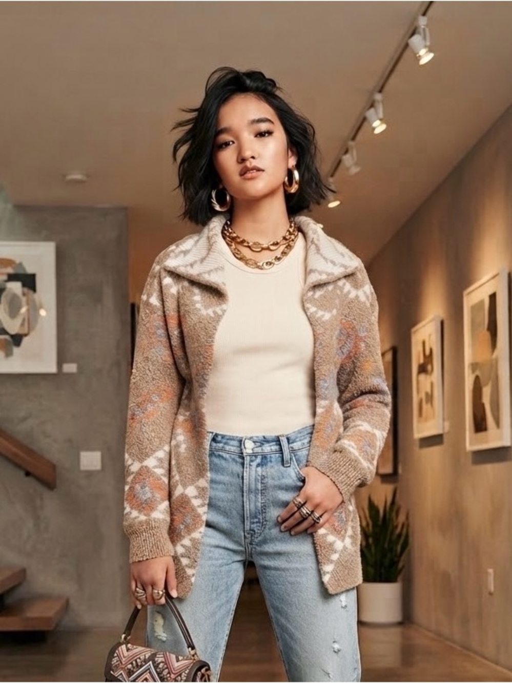 love on a hanger Beige & Cream Aztec Knit Open Cardigan